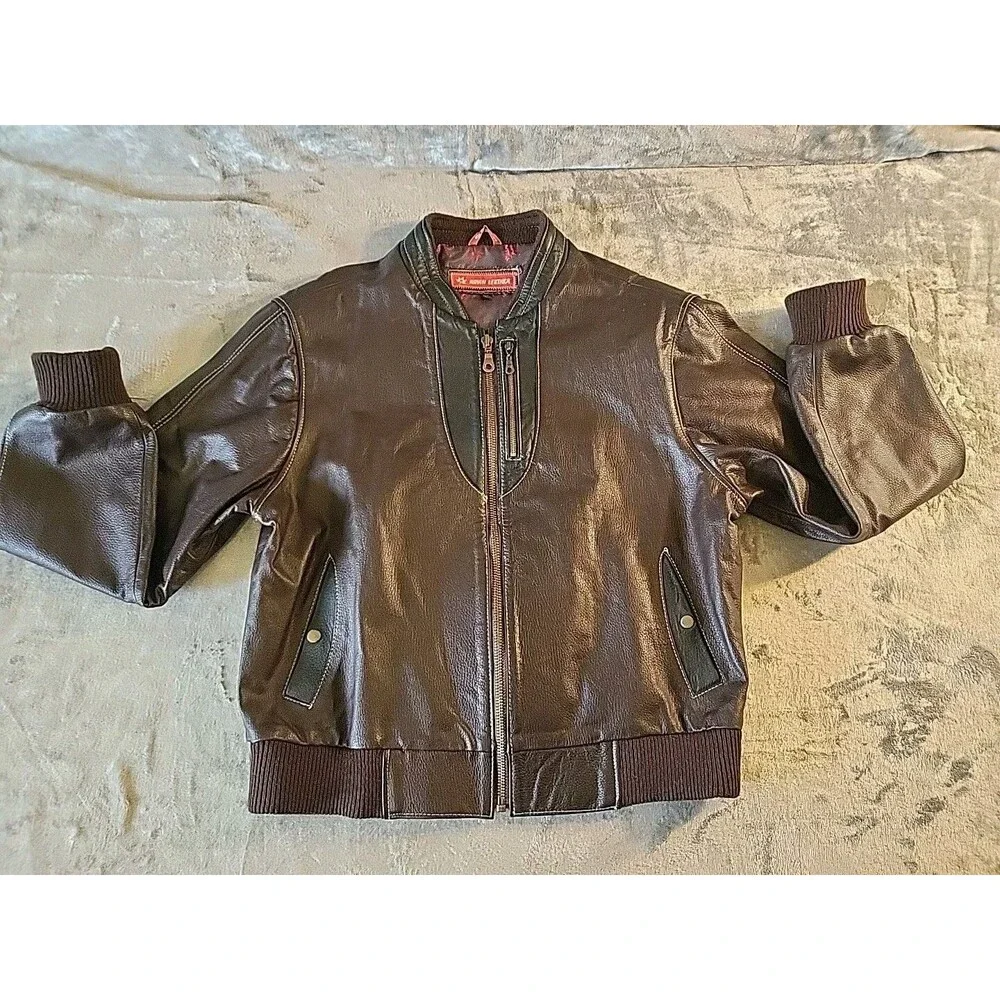 Novin Leather Jacket Men's Large  Brown  Black White Threading Inside Pockets